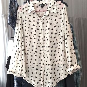 AB Studio White Black Polka Dot L/S Sheer Button Down Blouse Sz L